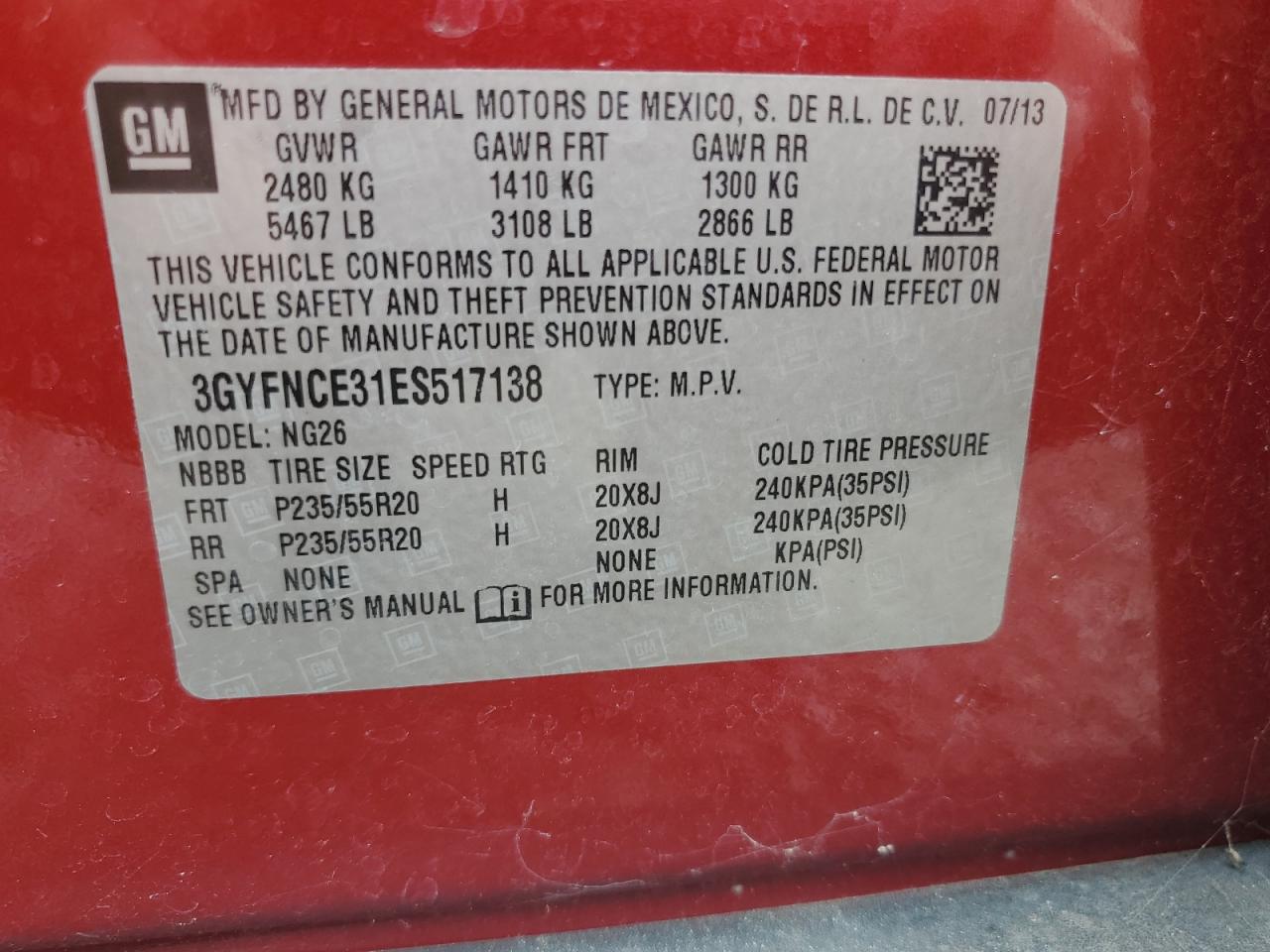 2014 Cadillac Srx Performance Collection VIN: 3GYFNCE31ES517138 Lot: 85323445