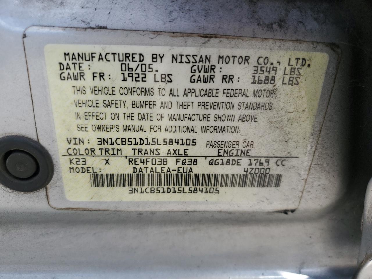 2005 Nissan Sentra 1.8 VIN: 3N1CB51D15L584105 Lot: 84484775