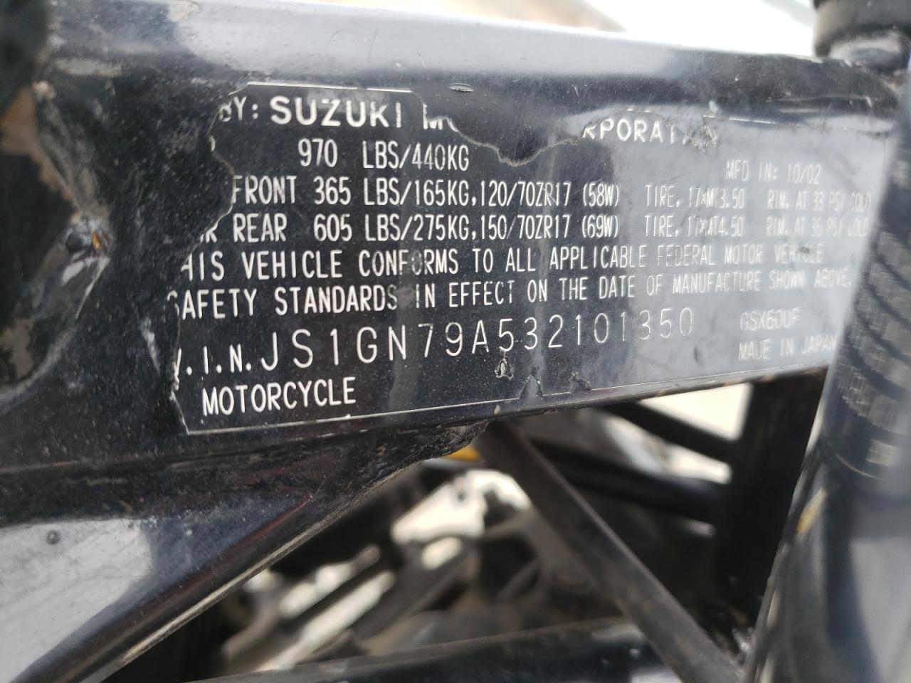 2003 Suzuki Gsx600 F VIN: JS1GN79A532101350 Lot: 89538375