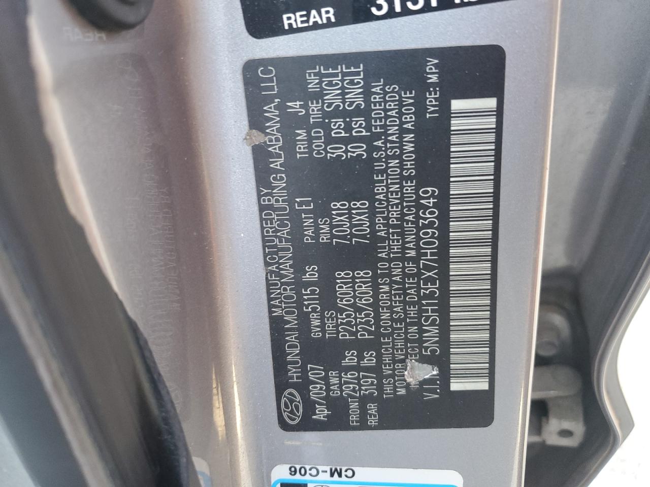 2007 Hyundai Santa Fe Se VIN: 5NMSH13EX7H093649 Lot: 82363895