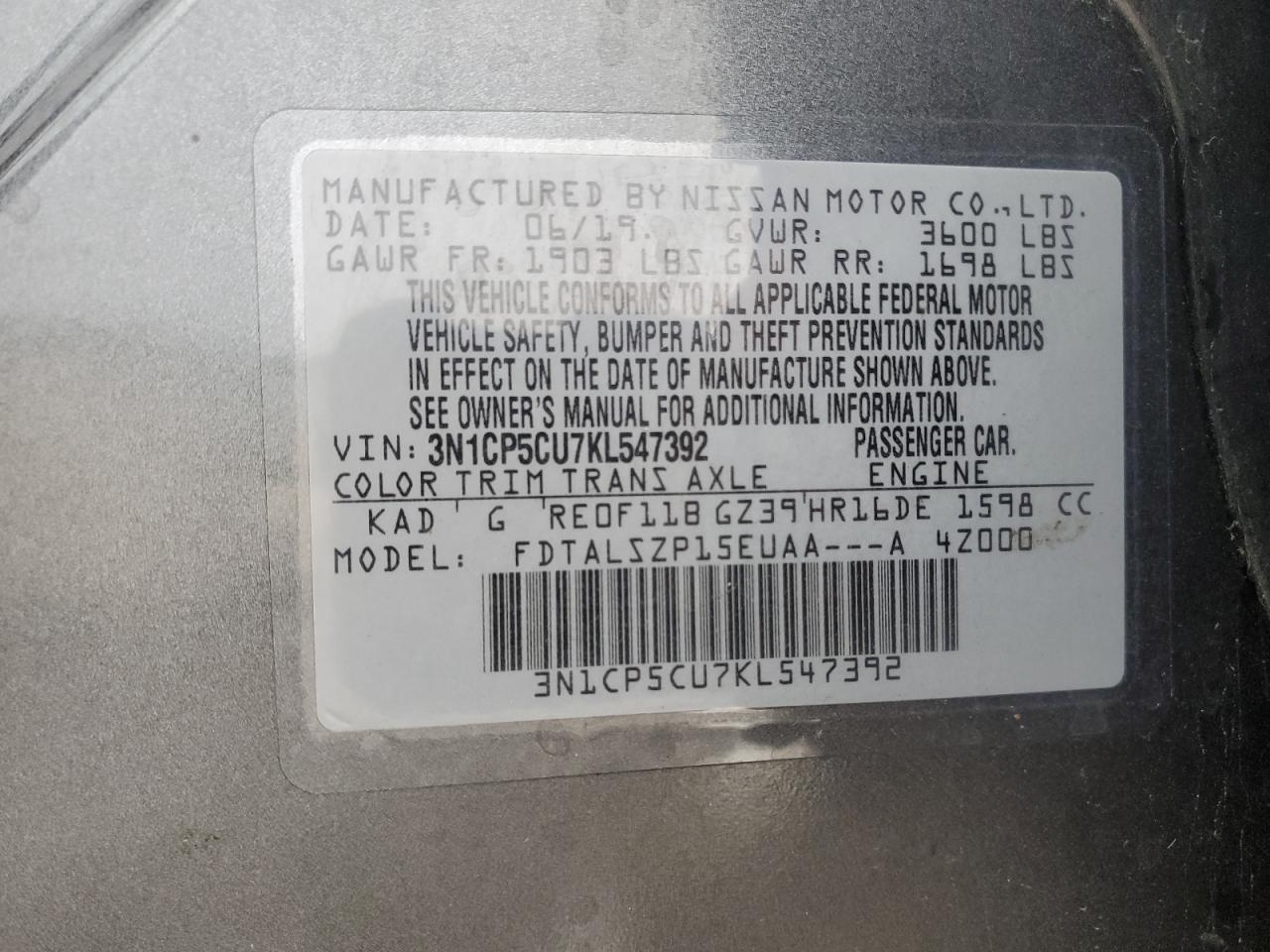 2019 Nissan Kicks S VIN: 3N1CP5CU7KL547392 Lot: 86179285