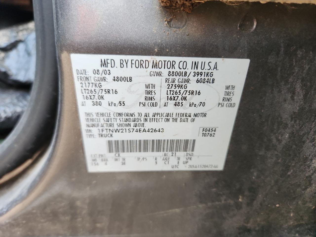 2004 Ford F250 Super Duty VIN: 1FTNW21S74EA42643 Lot: 85198535