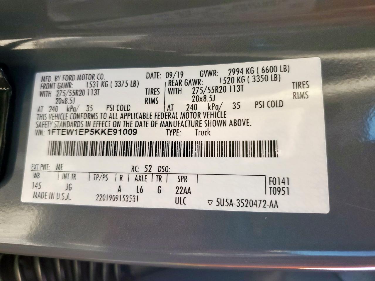 2019 Ford F150 Supercrew VIN: 1FTEW1EP5KKE91009 Lot: 82464505