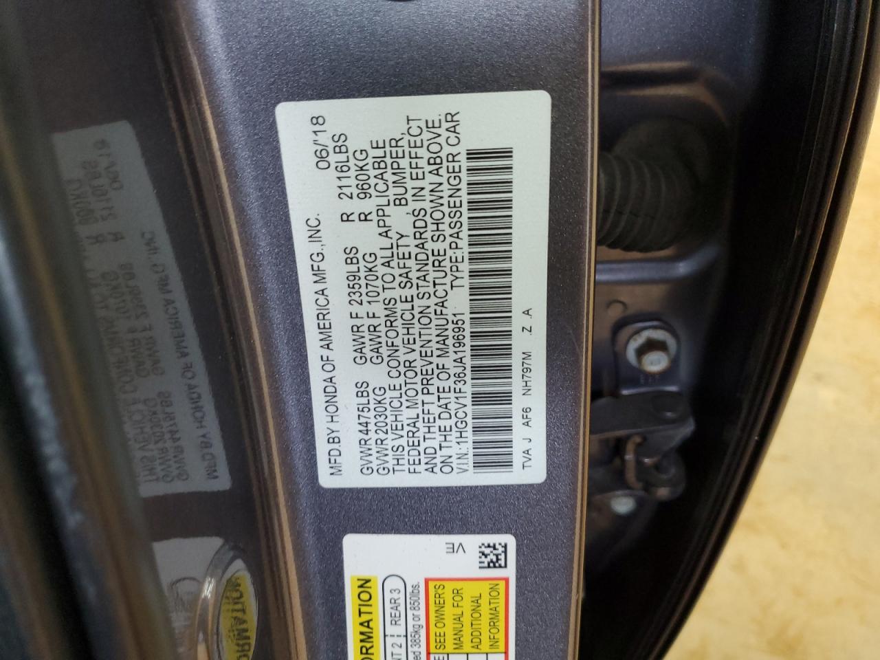 2018 Honda Accord Sport VIN: 1HGCV1F36JA196951 Lot: 82255385