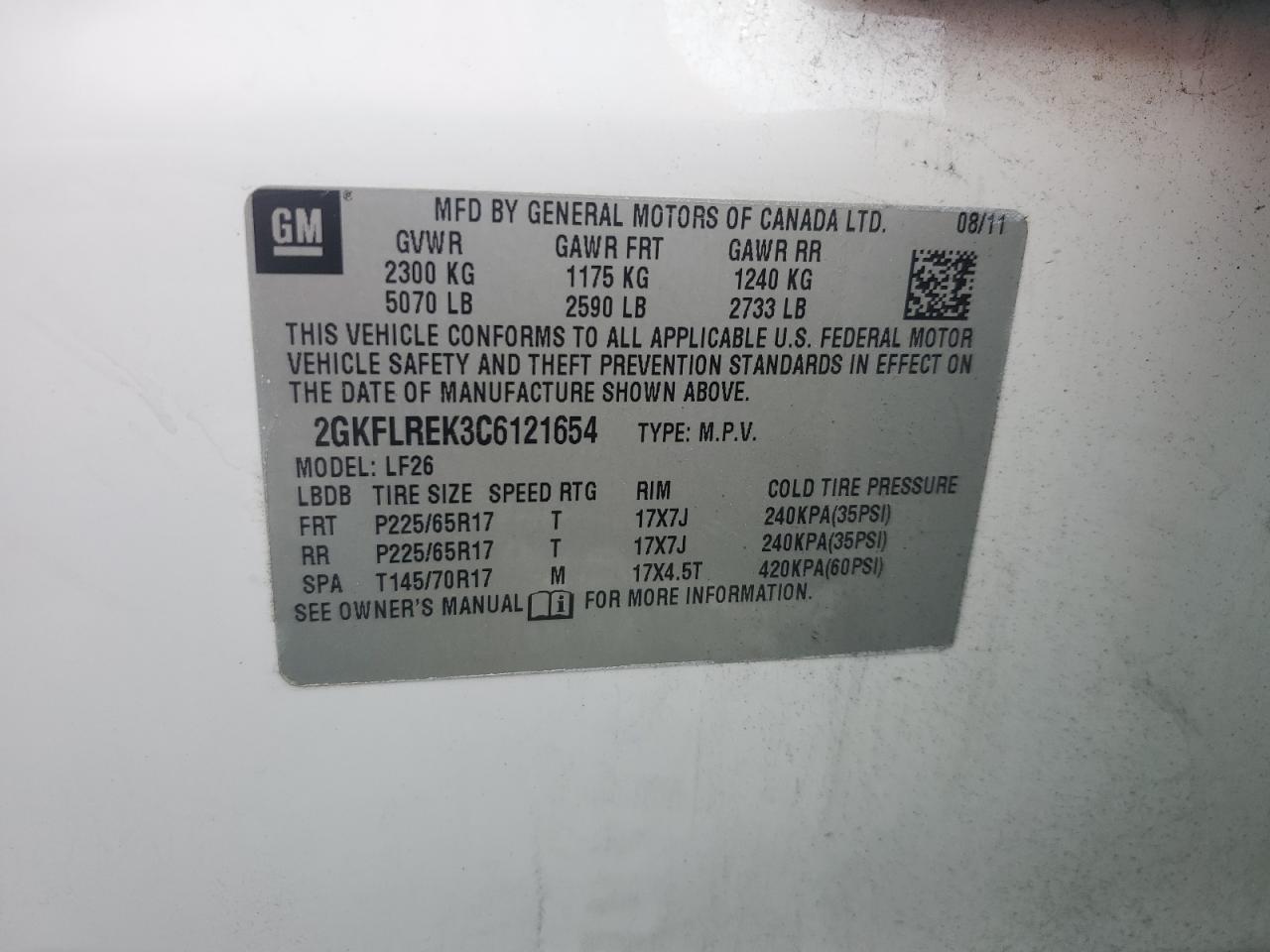 2012 GMC Terrain Sle VIN: 2GKFLREK3C6121654 Lot: 84906255