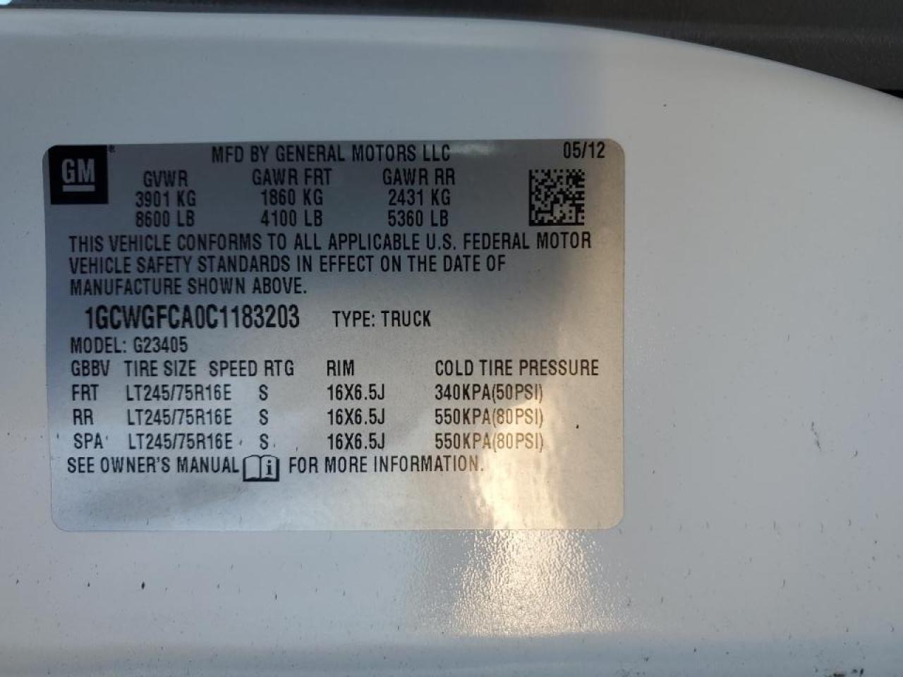 2012 Chevrolet Truck Chevan/Exp Cargo 250 VIN: 1GCWGFCA0C1183203 Lot: 90736835