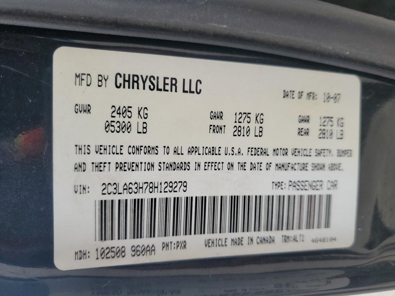 2008 Chrysler 300C VIN: 2C3LA63H78H129279 Lot: 86278395