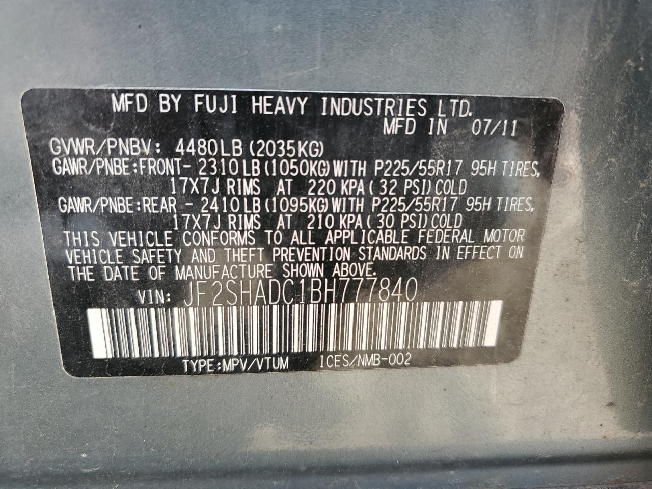 2011 Subaru Forester 2.5X Premium VIN: JF2SHADC1BH777840 Lot: 86527495