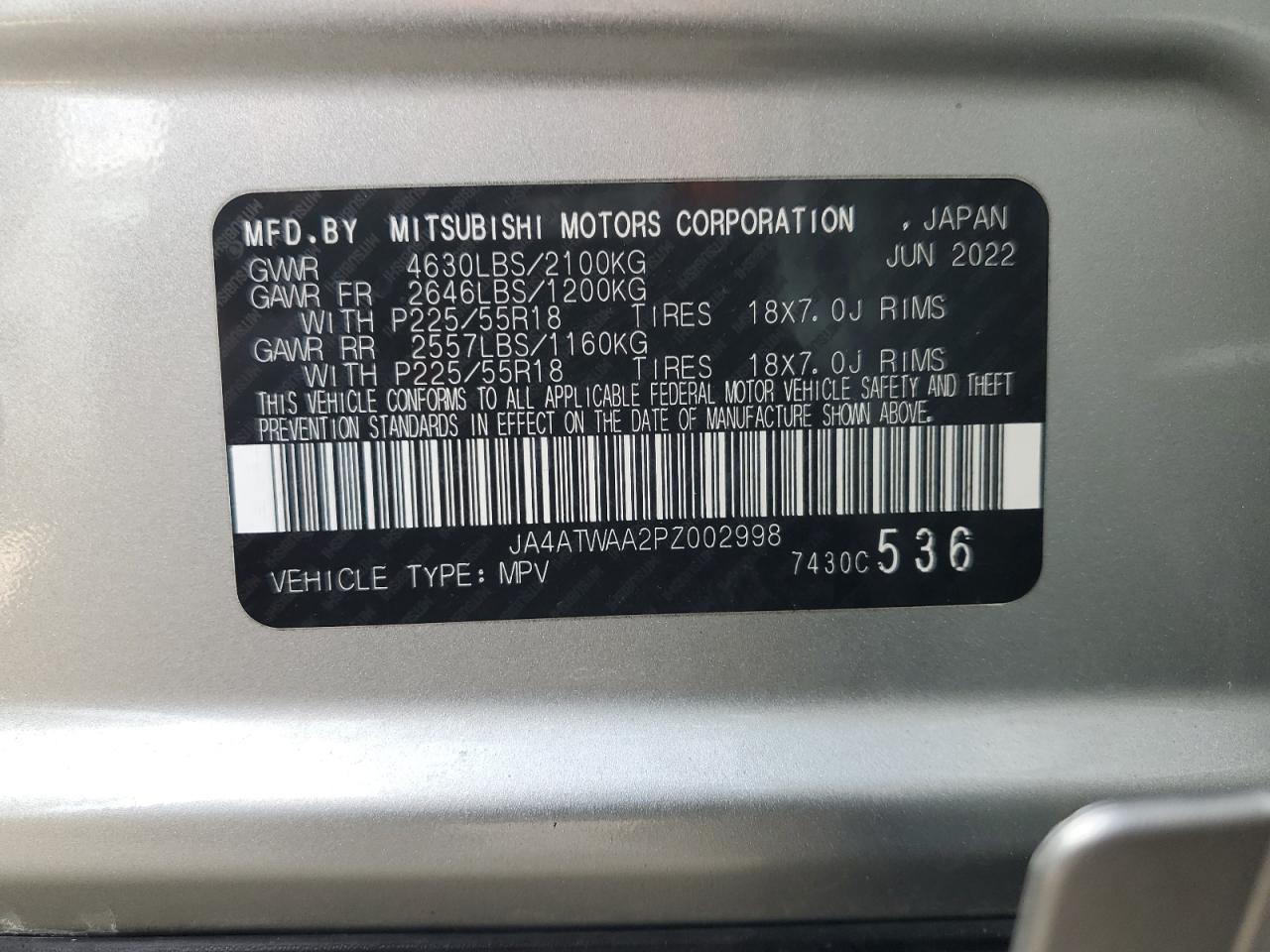 2023 Mitsubishi Eclipse Cross Se VIN: JA4ATWAA2PZ002998 Lot: 82487435