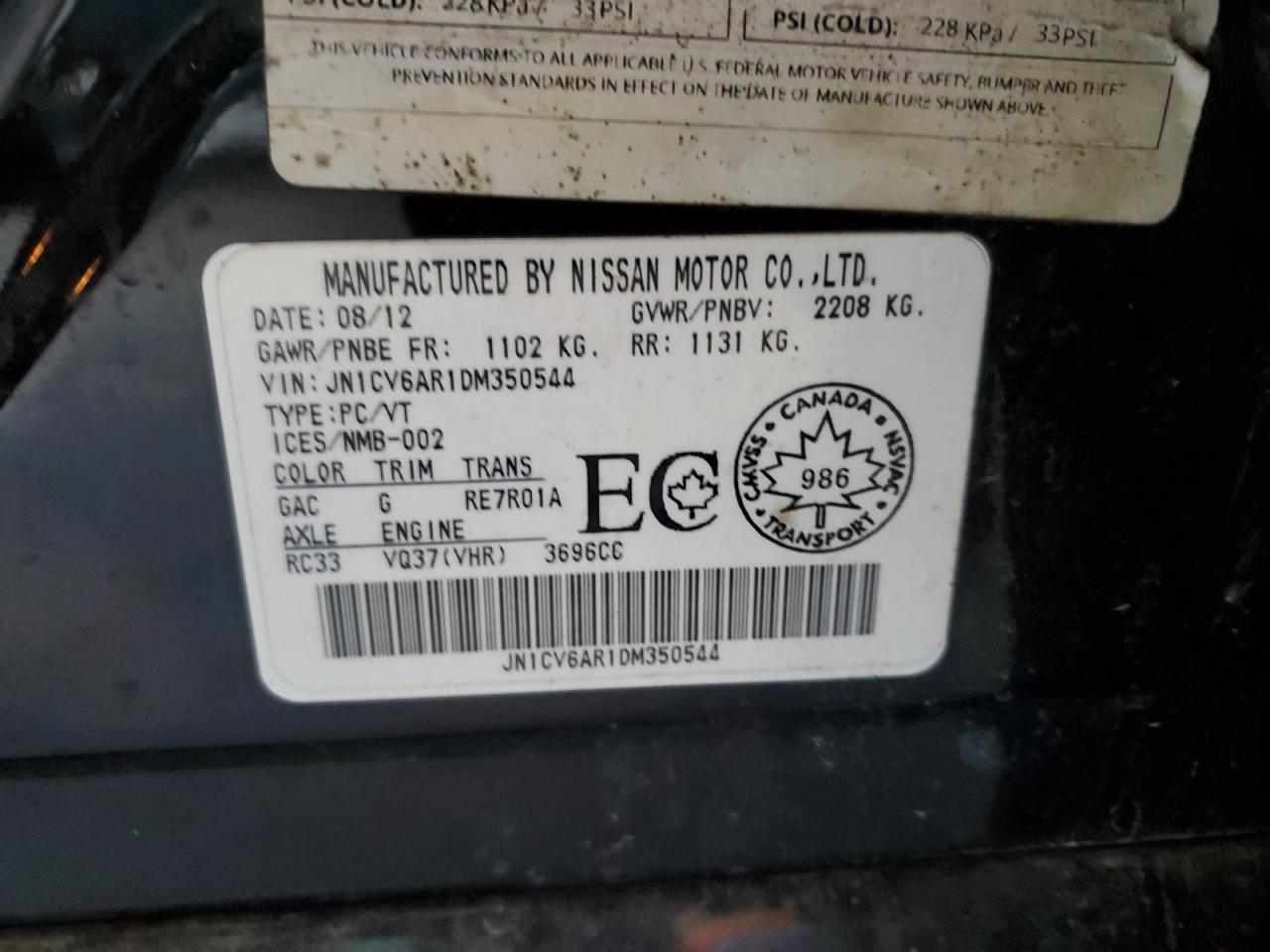 2013 Infiniti G37 VIN: JN1CV6AR1DM350544 Lot: 90908265