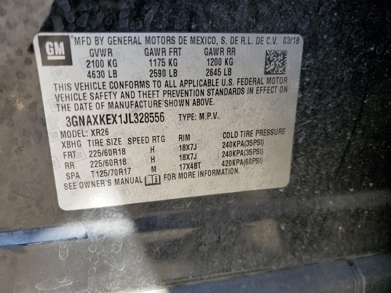 2018 Chevrolet Equinox Lt VIN: 3GNAXKEX1JL328556 Lot: 82378275