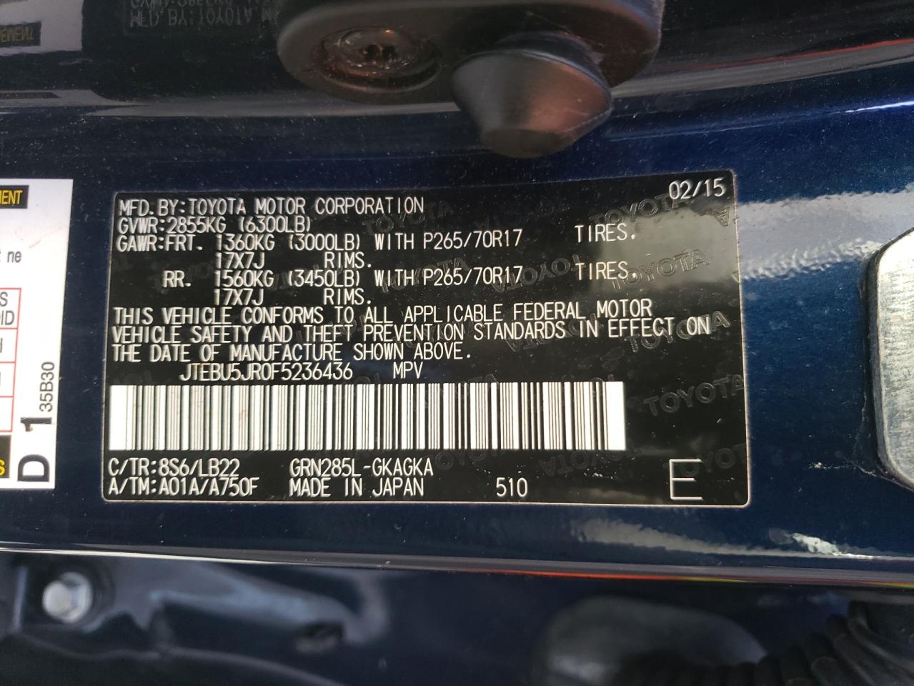 2015 Toyota 4Runner Sr5/Sr5 Premium VIN: JTEBU5JR0F5236436 Lot: 85144245