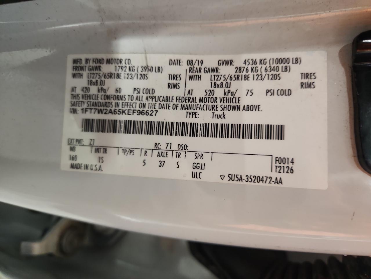 2019 Ford F250 Super Duty VIN: 1FT7W2A65KEF96627 Lot: 85391335