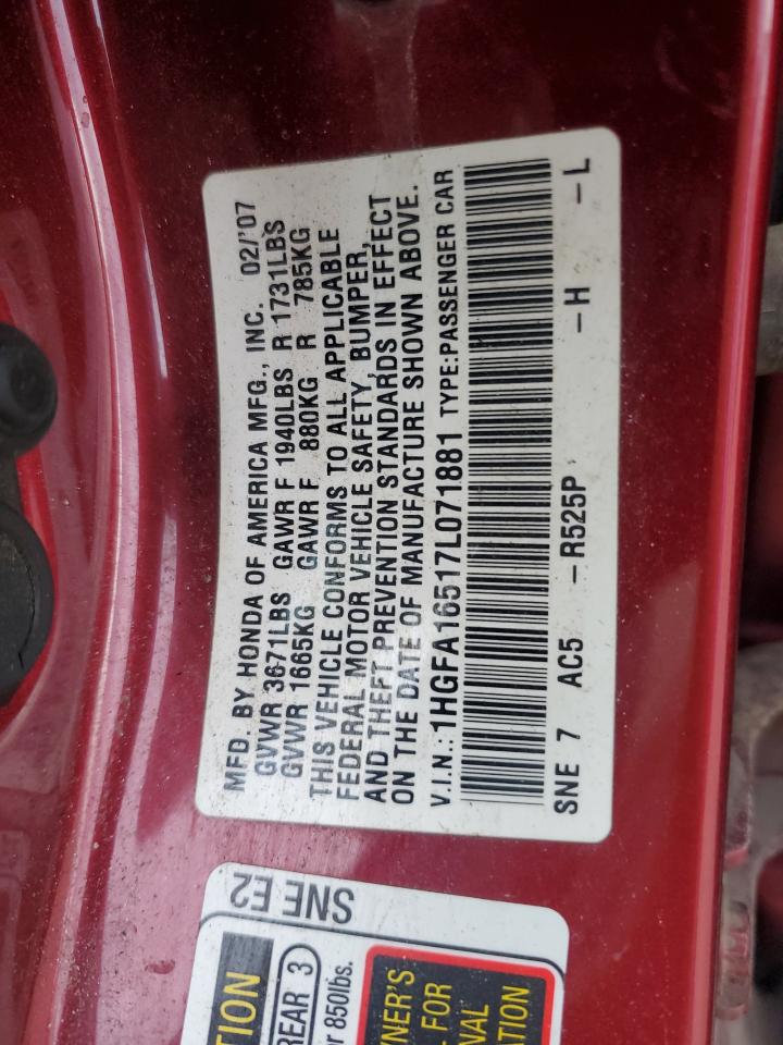 2007 Honda Civic Lx VIN: 1HGFA16517L071881 Lot: 82454435