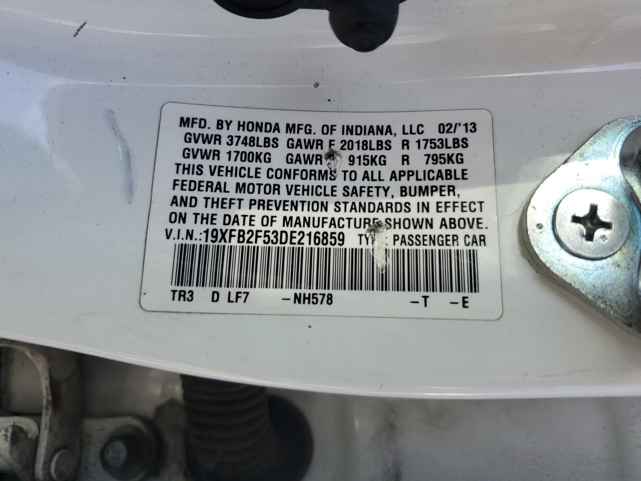 2013 Honda Civic Lx VIN: 19XFB2F53DE216859 Lot: 82180745