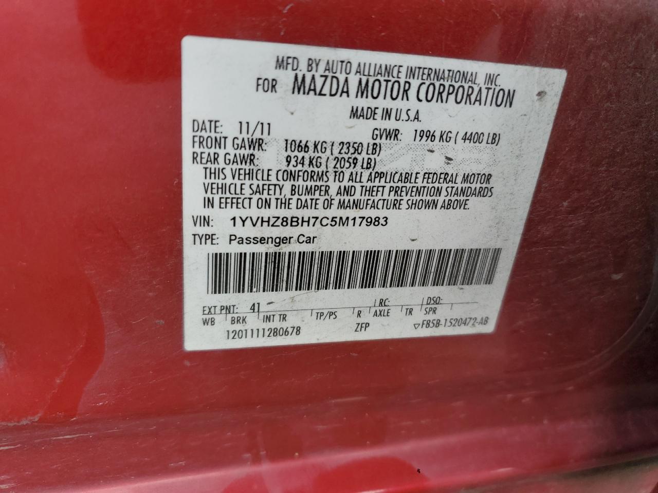 2012 Mazda 6 I VIN: 1YVHZ8BH7C5M17983 Lot: 84915205