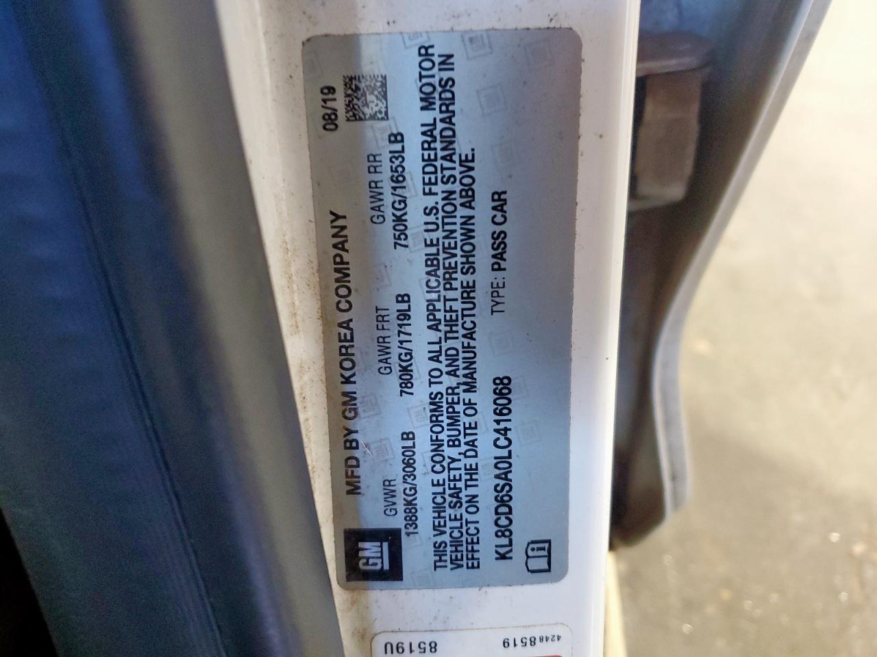 2020 Chevrolet Spark 1Lt VIN: KL8CD6SA0LC416068 Lot: 90372115