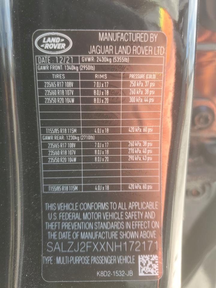 2022 Land Rover Range Rover Evoque S VIN: SALZJ2FXXNH172171 Lot: 86889275