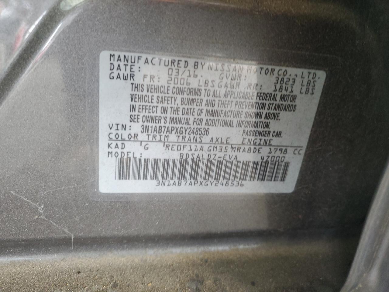 2016 Nissan Sentra S VIN: 3N1AB7APXGY248536 Lot: 82236745