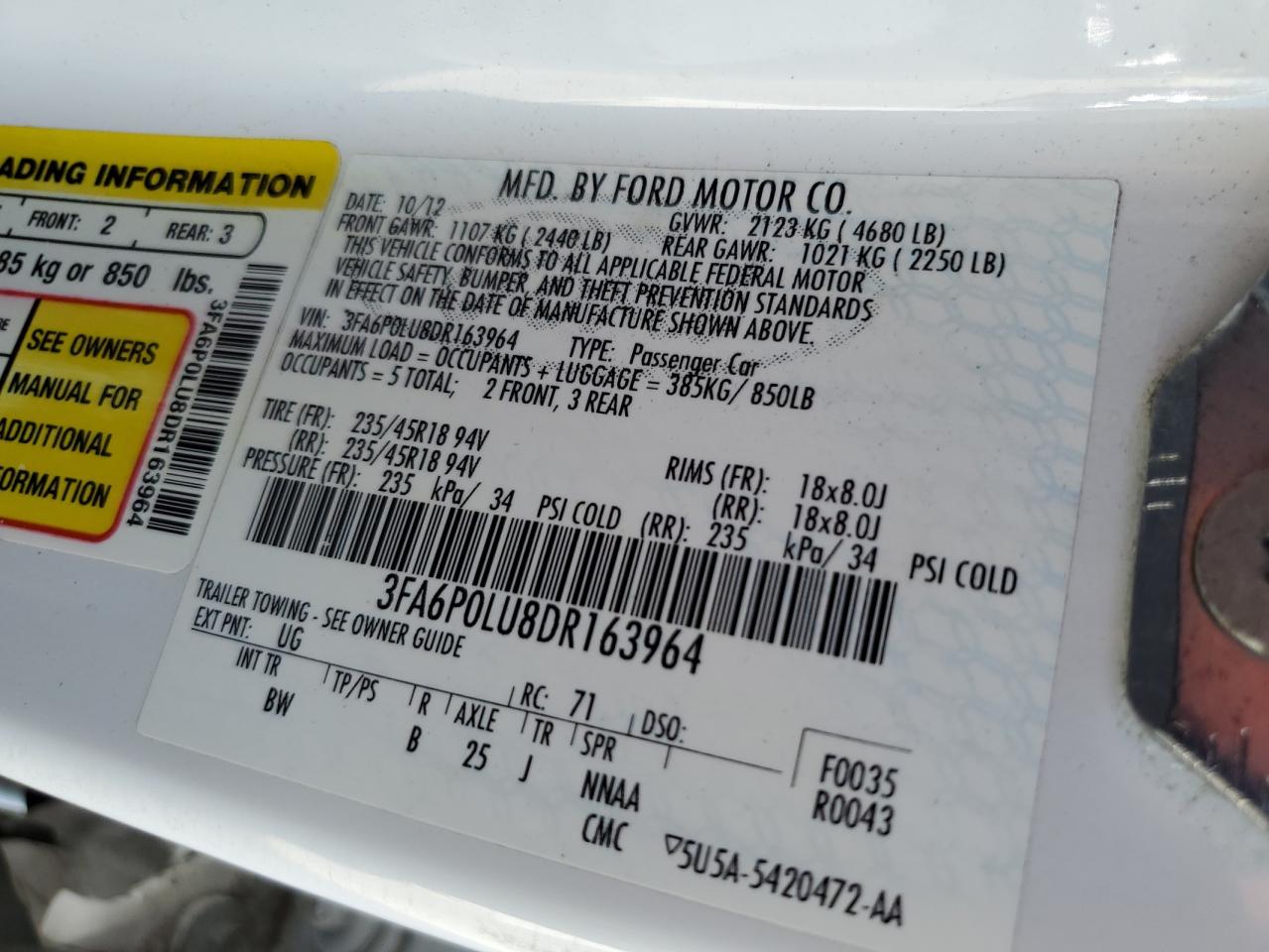 2013 Ford Fusion Se Hybrid VIN: 3FA6P0LU8DR163964 Lot: 81919125