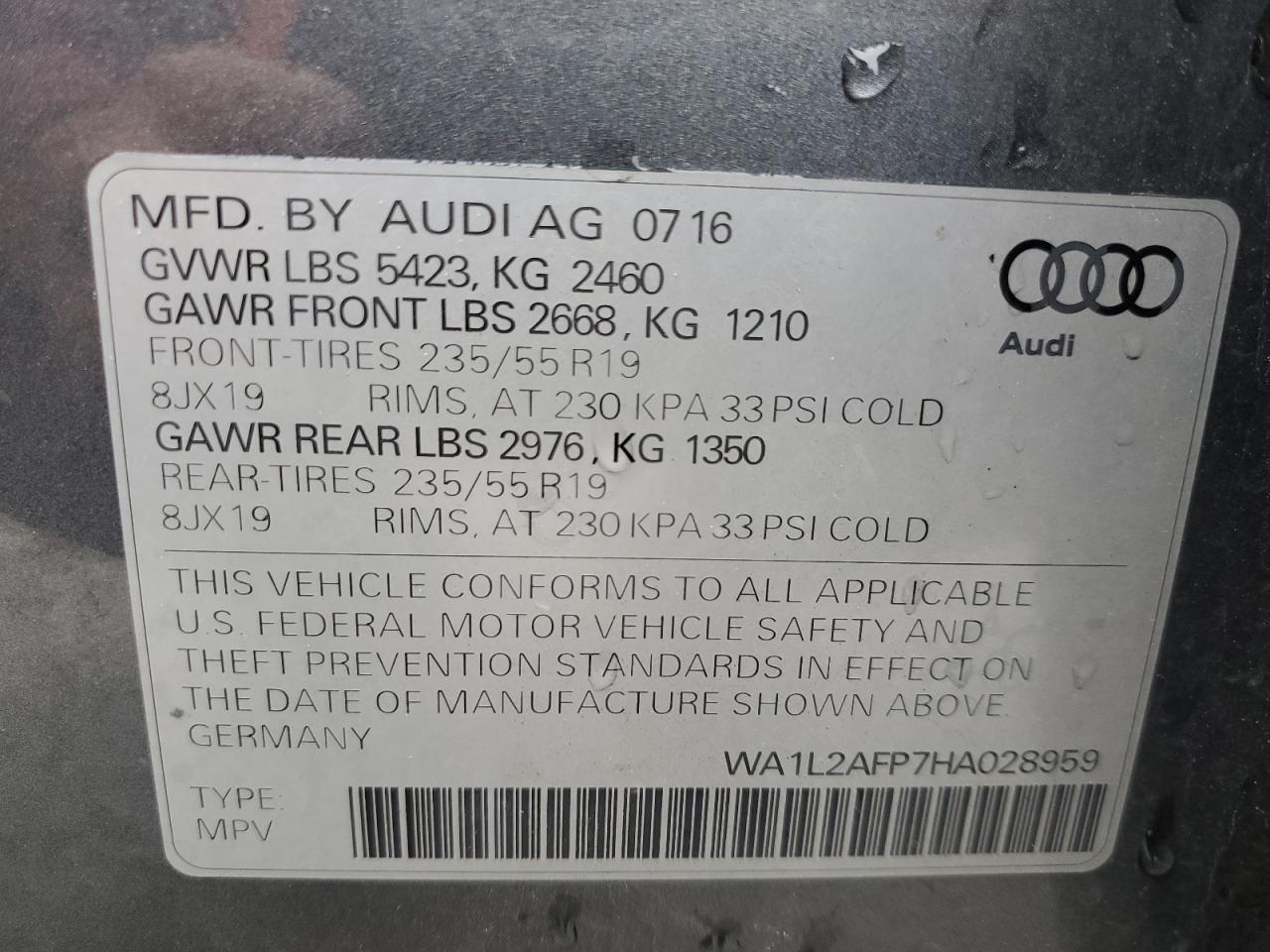 2017 Audi Q5 Premium Plus VIN: WA1L2AFP7HA028959 Lot: 86059165