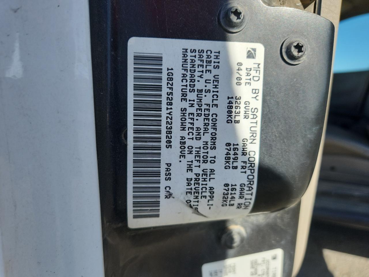 2000 Saturn Sl VIN: 1G8ZF5281YZ238205 Lot: 85572395