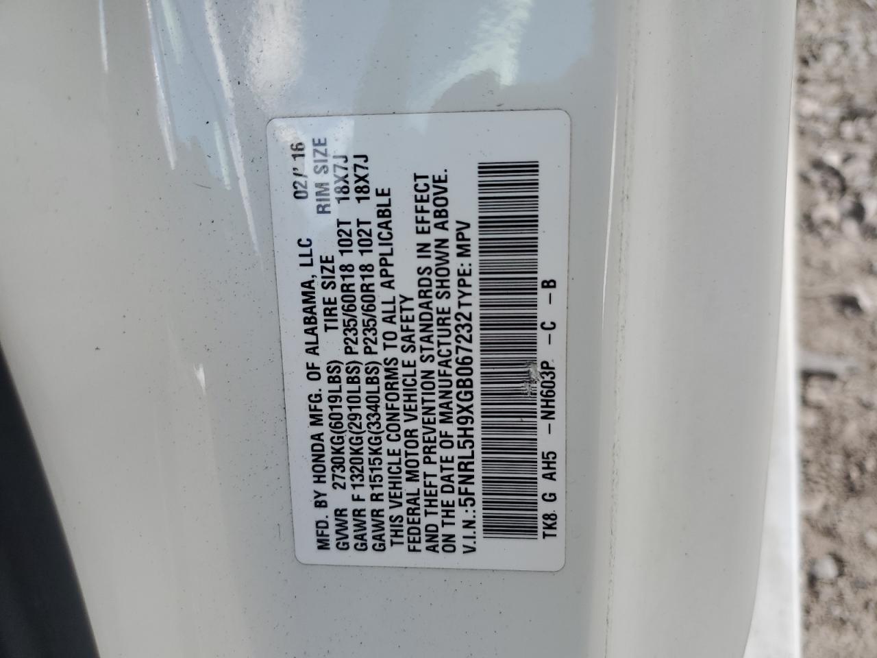 2016 Honda Odyssey Touring VIN: 5FNRL5H9XGB067232 Lot: 85003065