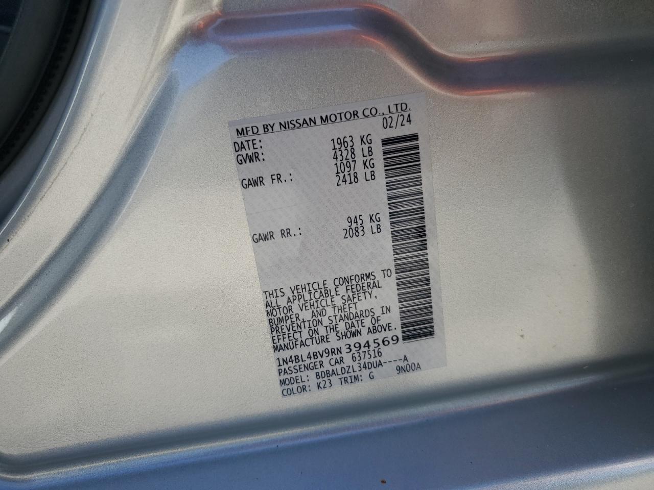 2024 Nissan Altima S VIN: 1N4BL4BV9RN394569 Lot: 85763205