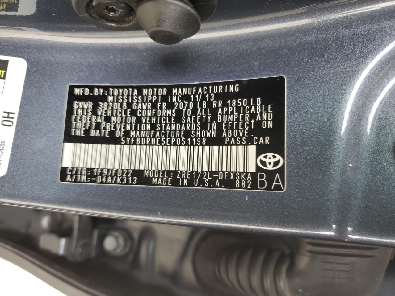 2014 Toyota Corolla L VIN: 5YFBURHE5EP051198 Lot: 82286515