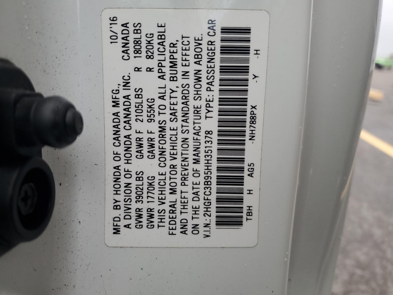 2017 Honda Civic Touring VIN: 2HGFC3B95HH351378 Lot: 86325595