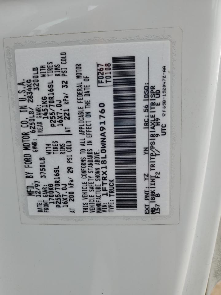 1998 Ford F150 VIN: 1FTRX18L0WNA91760 Lot: 86089675