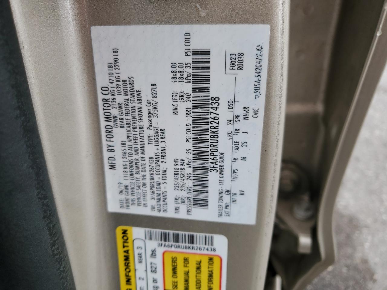 2019 Ford Fusion Titanium VIN: 3FA6P0RU8KR267438 Lot: 85779945