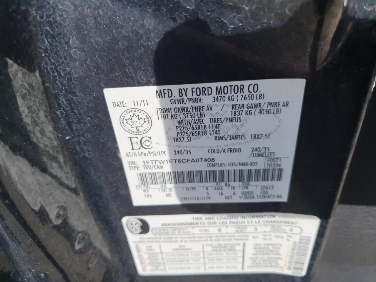 2012 Ford F150 Supercrew VIN: 1FTFW1ET6CFA07408 Lot: 86190845