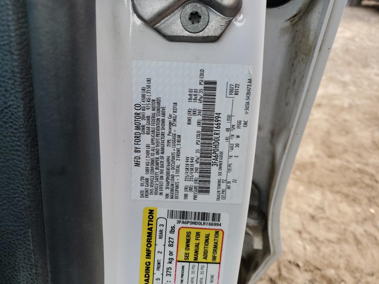 2020 Ford Fusion Se VIN: 3FA6P0HD0LR166994 Lot: 90432945