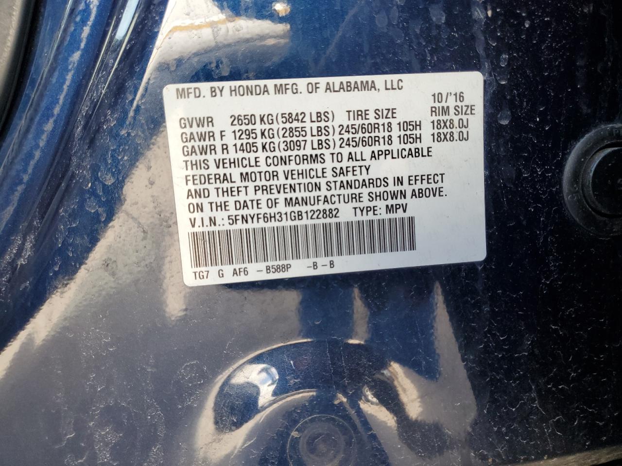 2016 Honda Pilot Ex VIN: 5FNYF6H31GB122882 Lot: 85891655