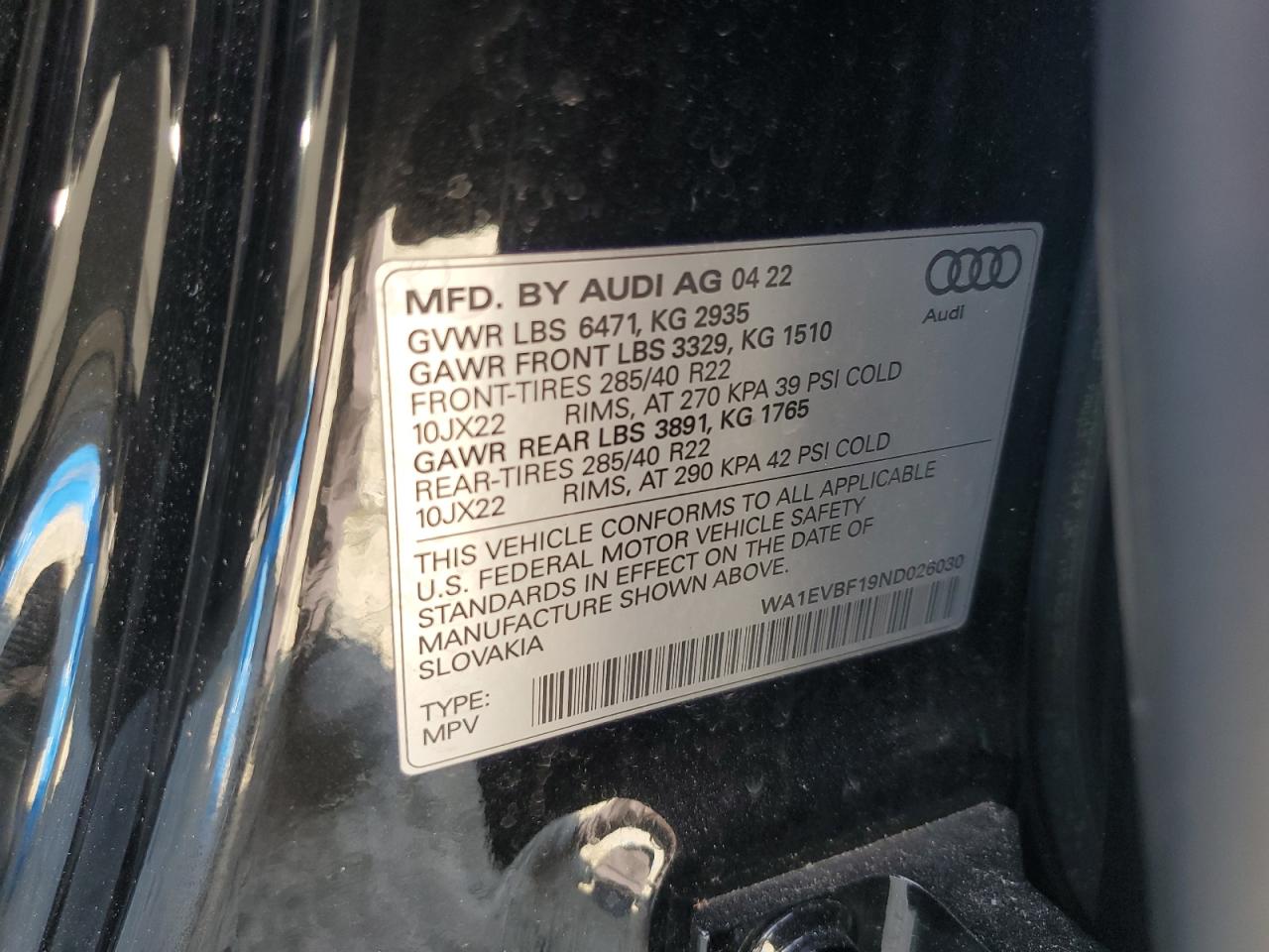 2022 Audi Q8 Premium Plus S-Line VIN: WA1EVBF19ND026030 Lot: 87066995