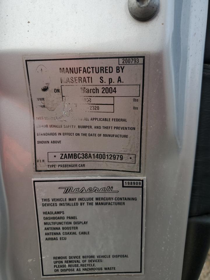 2004 Maserati Coupe Gt VIN: ZAMBC38A140012979 Lot: 90051475
