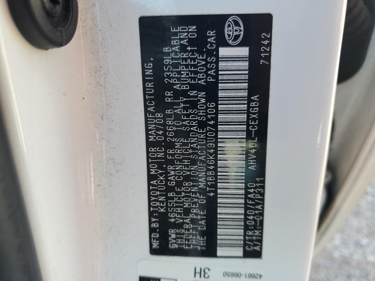 2009 Toyota Camry Hybrid VIN: 4T1BB46K49U074106 Lot: 85323895