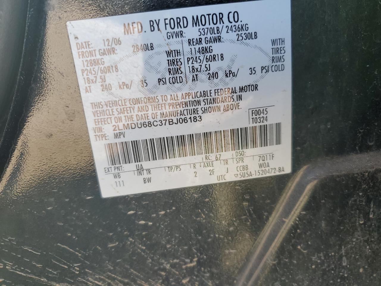 2007 Lincoln Mkx VIN: 2LMDU68C37BJ06183 Lot: 82323935