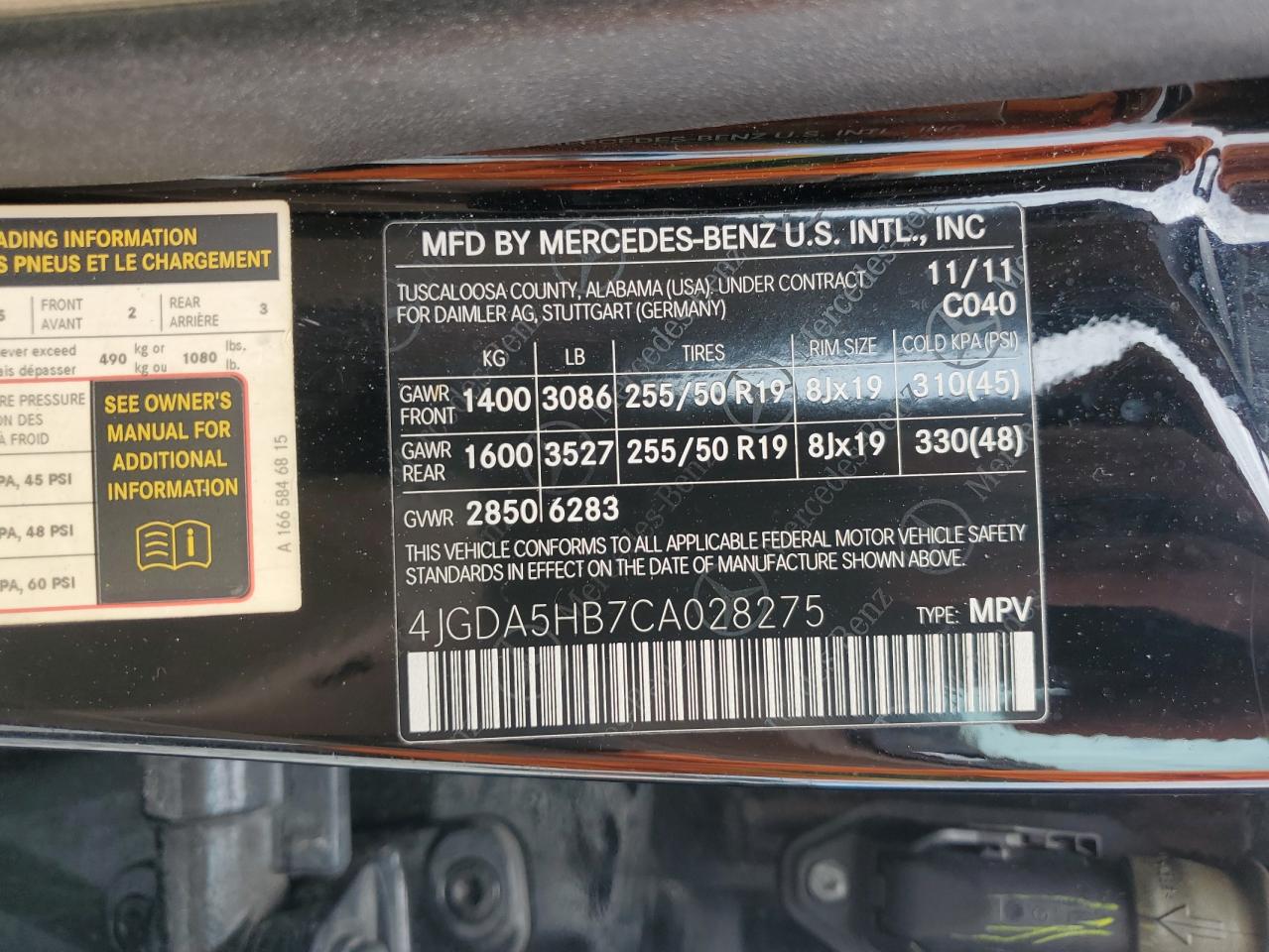 2012 Mercedes-Benz Ml 350 4Matic VIN: 4JGDA5HB7CA028275 Lot: 90568855