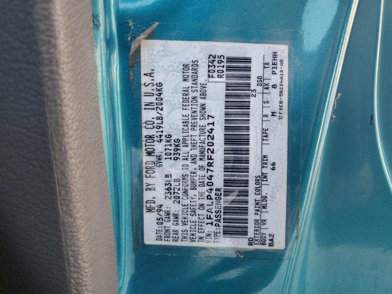 1994 Ford Mustang VIN: 1FALP4047RF202417 Lot: 86111375