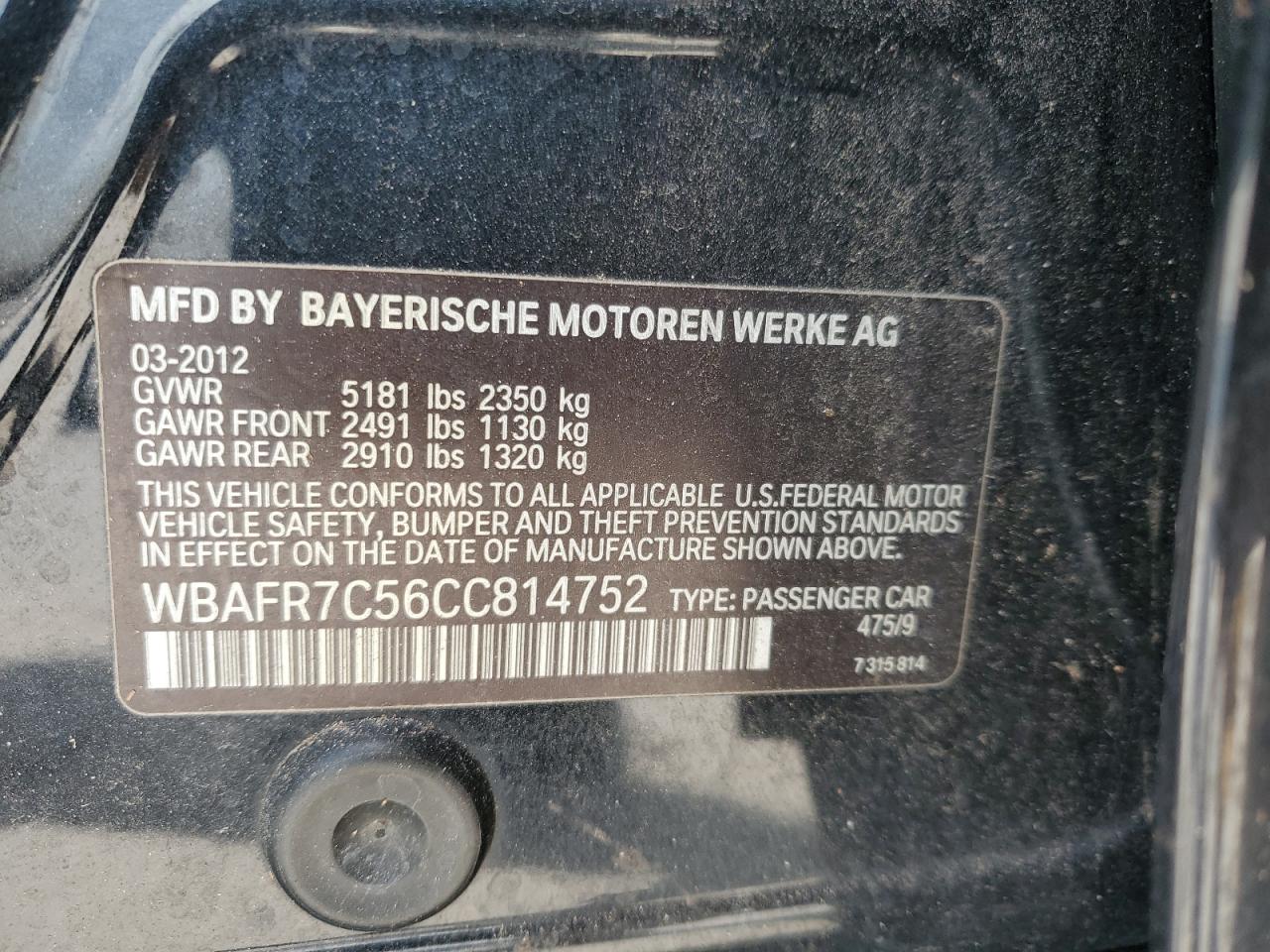 2012 BMW 535 I VIN: WBAFR7C56CC814752 Lot: 82192775