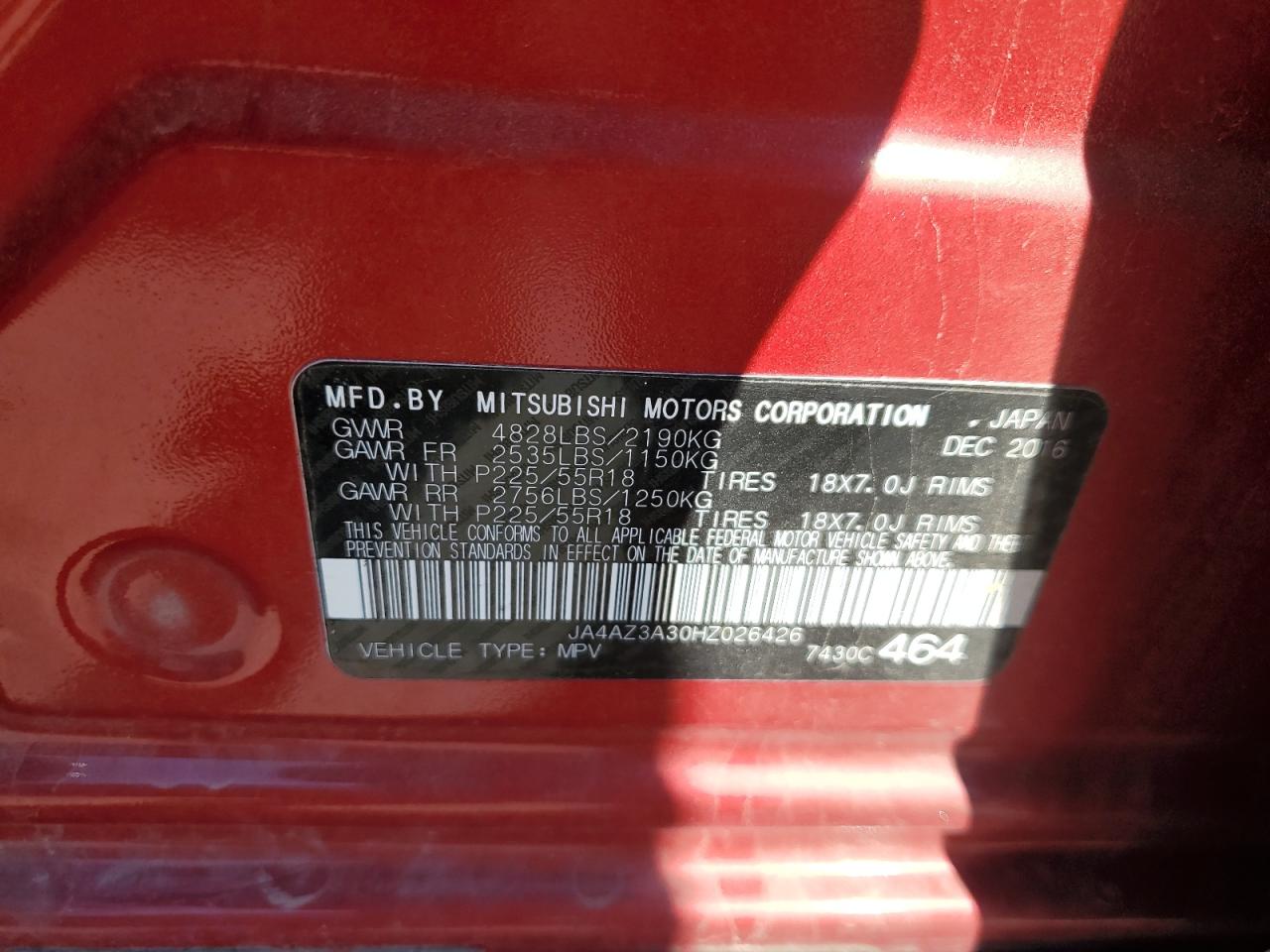 2017 Mitsubishi Outlander Se VIN: JA4AZ3A30HZ026426 Lot: 86104785