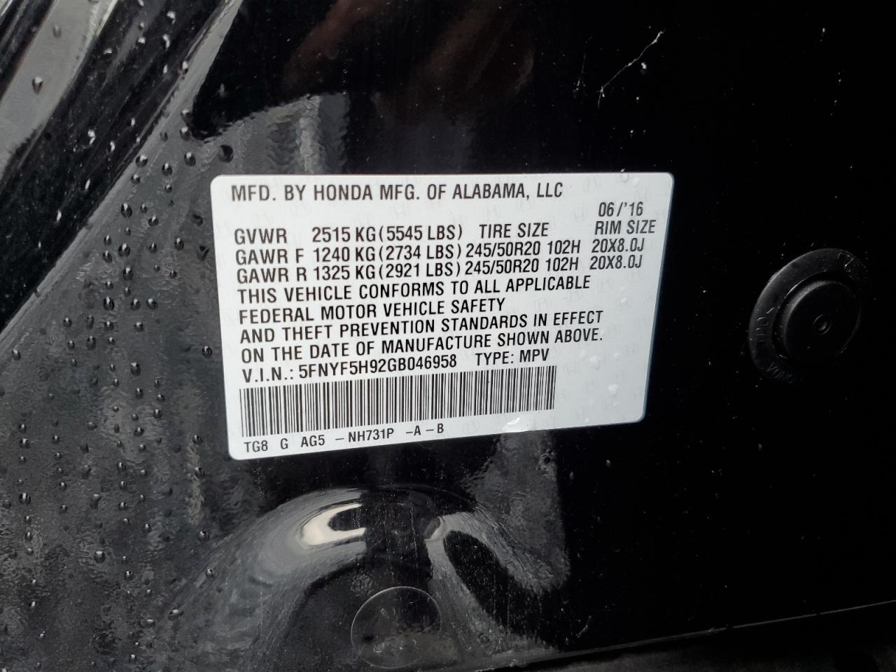 2016 Honda Pilot Touring VIN: 5FNYF5H92GB046958 Lot: 82351275