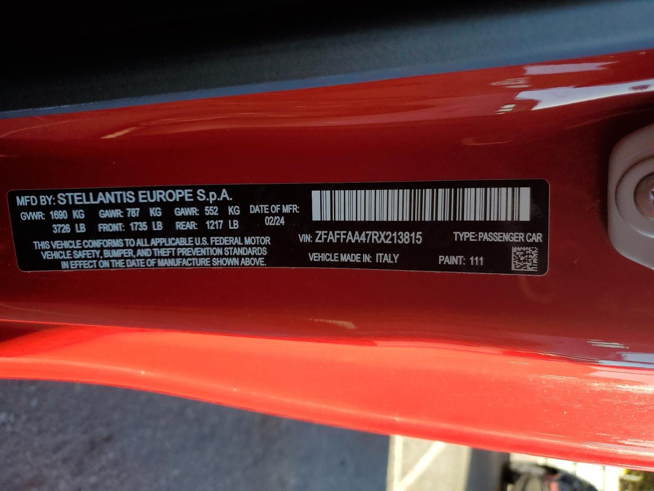 2024 Fiat 500 E Red VIN: ZFAFFAA47RX213815 Lot: 87045965