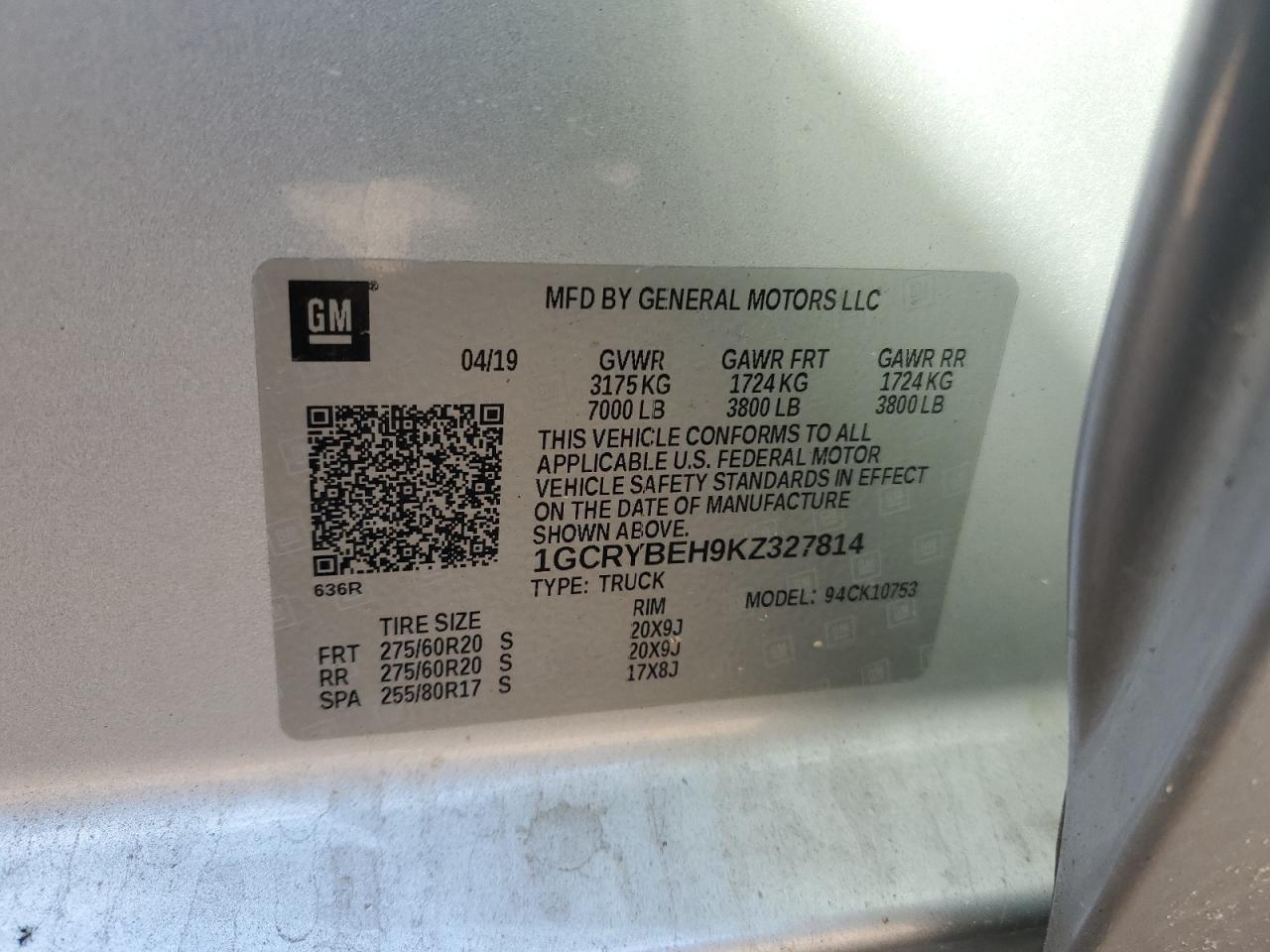 2019 Chevrolet Silverado K1500 Custom VIN: 1GCRYBEH9KZ327814 Lot: 82382315