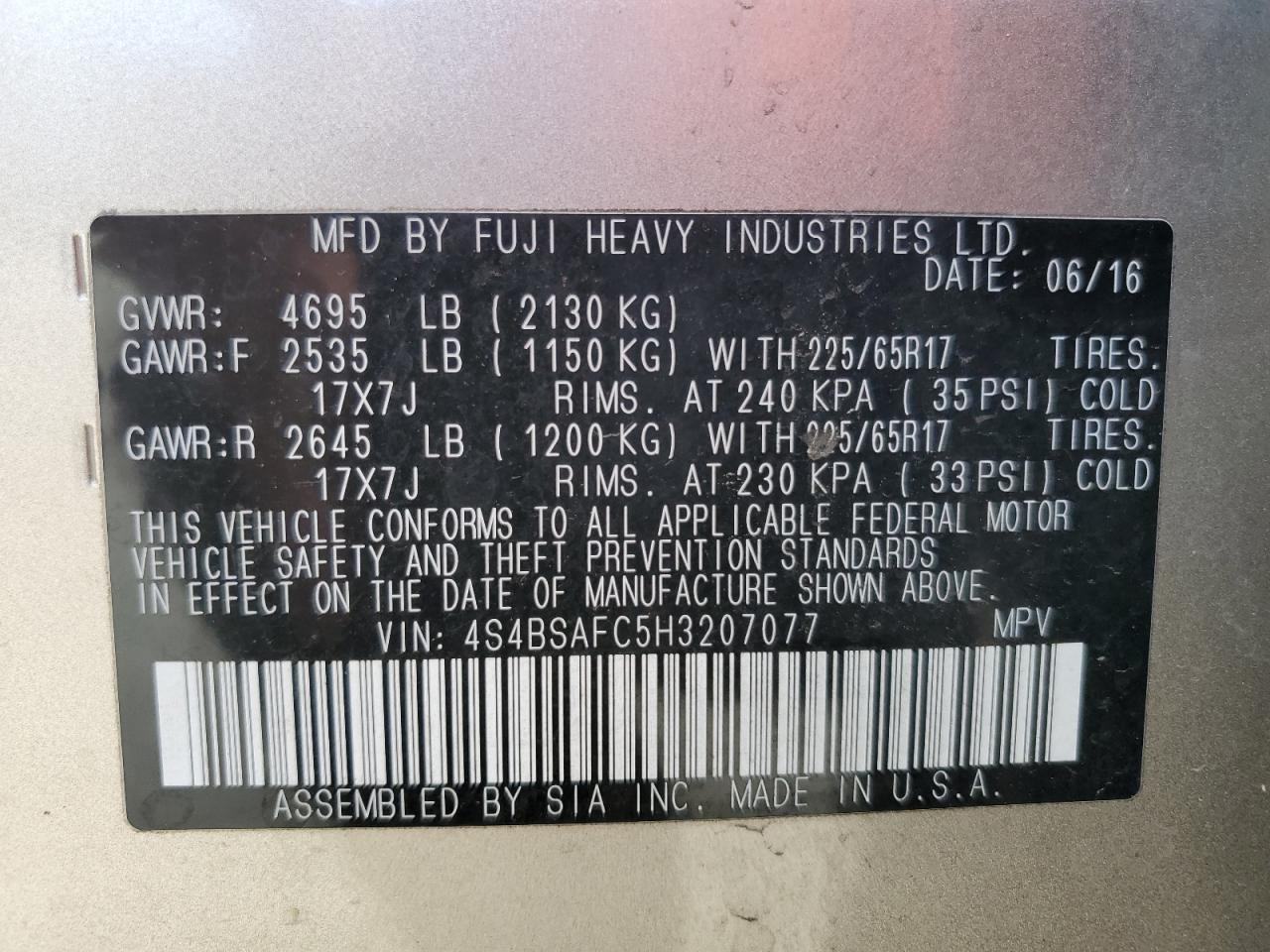 2017 Subaru Outback 2.5I Premium VIN: 4S4BSAFC5H3207077 Lot: 84023695