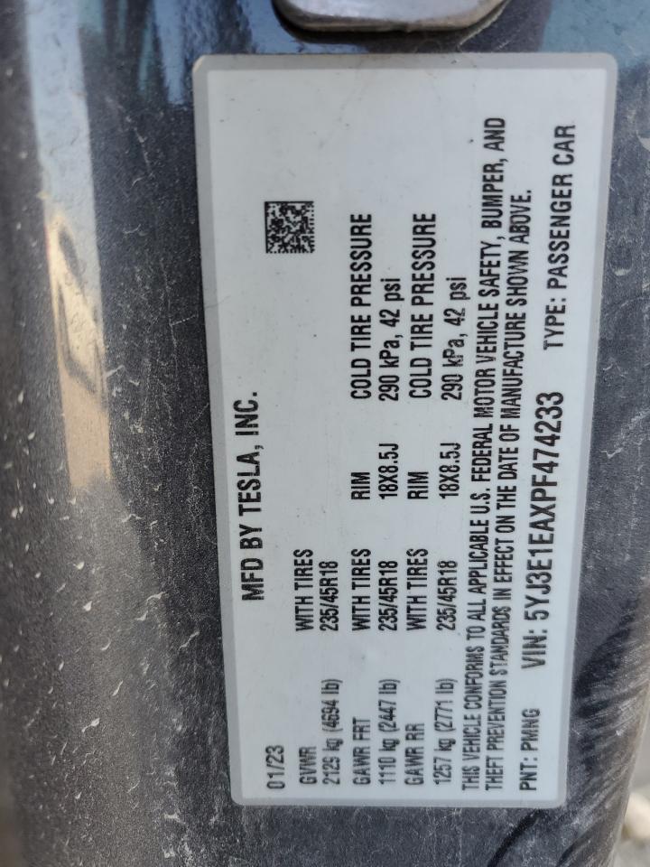 2023 Tesla Model 3 VIN: 5YJ3E1EAXPF474233 Lot: 86806285