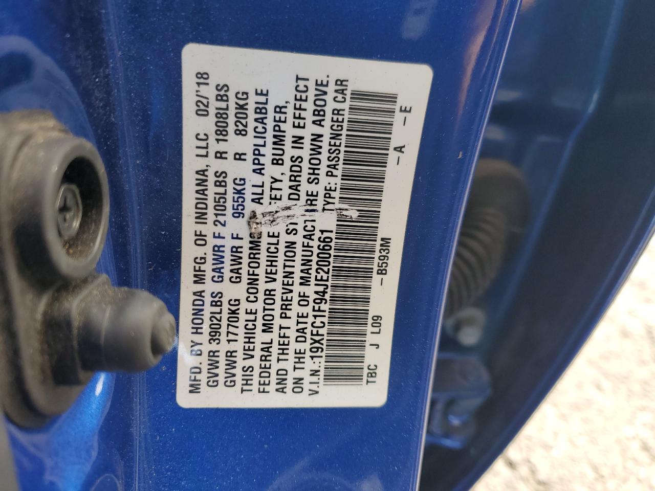 2018 Honda Civic Touring VIN: 19XFC1F94JE200661 Lot: 85717105