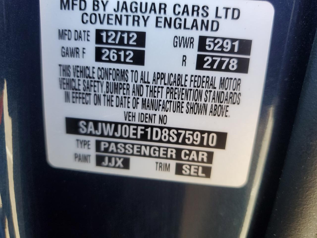 2013 Jaguar Xf VIN: SAJWJ0EF1D8S75910 Lot: 86840115